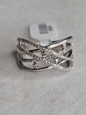 SUN 925 Sterling Silver Diamond Crossover Highway Ring Band 16mm Size 7.75